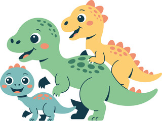 Fototapeta premium Three cartoon dinosaurs family with green big blue small and yellow smiling