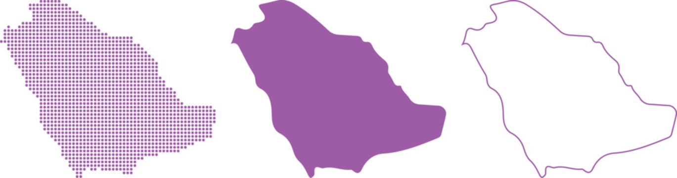 Saudi Arabia Map Set Dotted Filled Outline Purple dotted map filled map