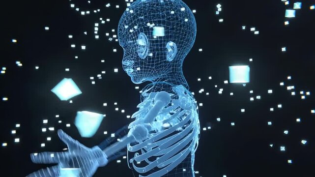 A futuristic digital human form with glowing blue lines and cubes floating around it, conveying a sense of innovation and technological advancement.