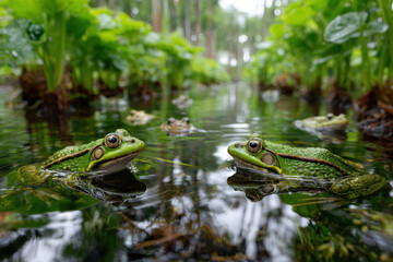 Obraz premium Frogs swimming in a tranquil pond surrounded by lush greenery during a sunny afternoon