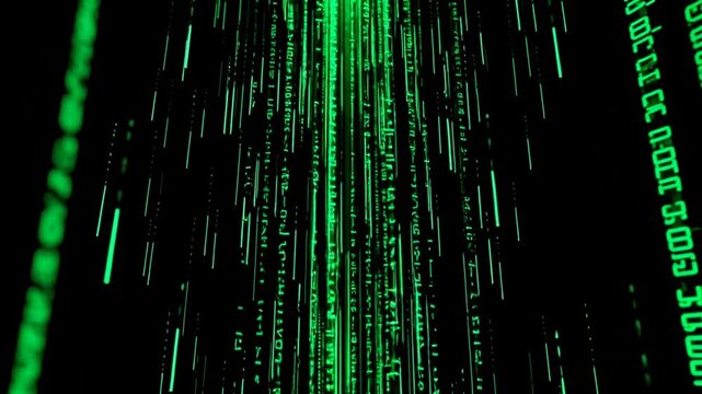 Falling green digital characters and glowing vertical lines on a black background representing data flow, computer programming, cyber security, and futuristic virtual reality technology.