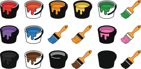Colorful paint cans and paint brushes vector illustration set, art supplies collection for creative painting, design and decoration concept © MdJahangir