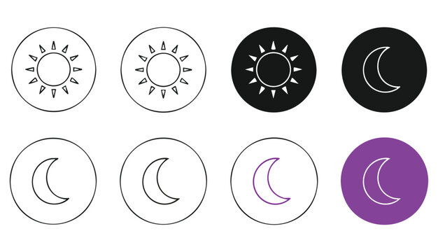 Sun and moon icon. Day and night mode adjustment buttons vector illustration. Brightness and dark mode toggle symbol. User interface and settings sign 