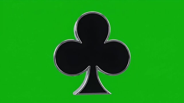 3D Black Club Symbol Rotating on Green Screen Background.