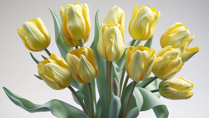 Obraz premium Bouquet of Fresh Yellow Tulips with Green Stems and Leaves, Studio Lighting