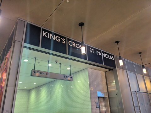 Prominent signage at the entrance to King's Cross St. Pancras International station in London