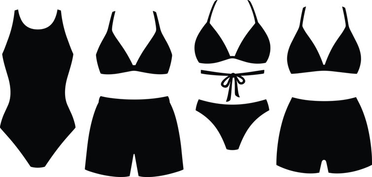 Modern swimwear silhouette collection featuring one-piece, bikini, and two-piece designs in black for fashion, lifestyle, and summer apparel artwork.