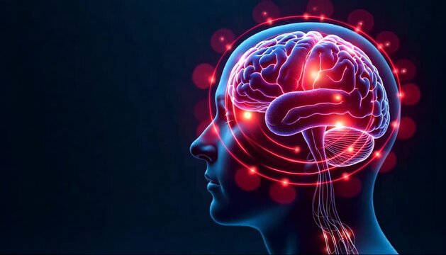 Neural implant glowing inside human brain 