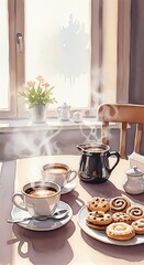 Fototapeta premium Cozy Breakfast Scene - Coffee, Pastries, and Morning Sunlight.