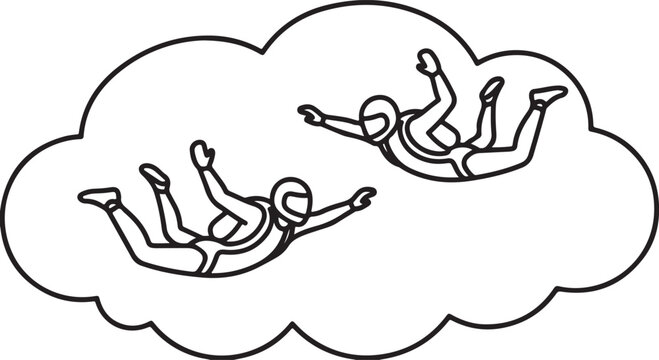 Two skydivers in freefall within a cloud shape, representing adventure, freedom, and extreme sports in a simple outline style