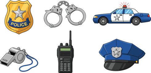 Police, law enforcement, badge, handcuffs, patrol car, siren, whistle, radio, walkie talkie, cap, uniform, security, authority, emergency, service, protection, crime, justice, officer, equipment © MdEkramul