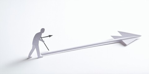 Fototapeta premium Paper figure pulls arrow forward. Minimalist concept, ambition, progress, determination shown. Simple studio shot, stark contrast.