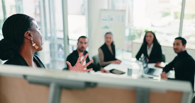 Woman, meeting and discussion with team on whiteboard for presentation or staff training in office. Female person, speaker or talking to group of employees for business strategy or idea in workplace