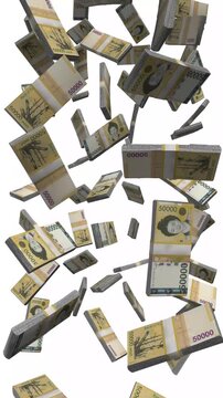 Vertical South Korea Money, Falling 50000 Won Bills, KRW Cash Stacks Isolated, 4K