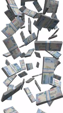 Vertical Madagascar Money, Falling Malagasy Ariary Bills, Cash Stacks Isolated on White, 4K