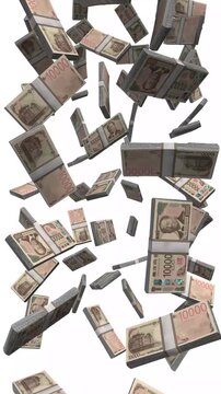Vertical Japan Money, Falling New Japanese Yen Bills, Cash Stacks Isolated on White, 4K
