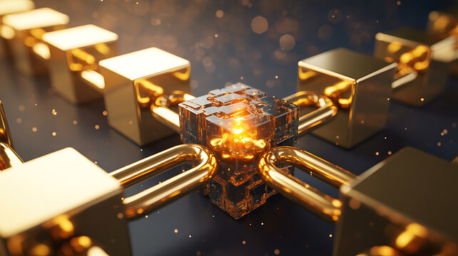 A striking visual of a central glowing blockchain cube surrounded by interconnected golden padlock blocks, symbolizing secure and decentralized digital ledger technology.