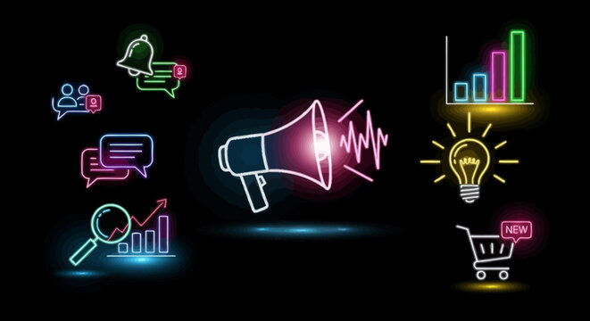 Neon icons represent business communication and marketing strategies effectively on a black background.