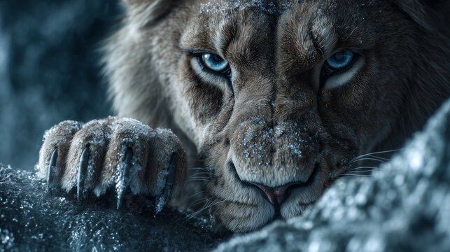 angry lion claws gripping icy rock intense wildlife predator close up