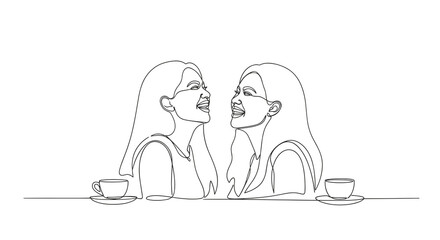Obraz premium Two women with flowing hair are depicted in a continuous line art style, laughing heartily while sitting across from each other with coffee cups.