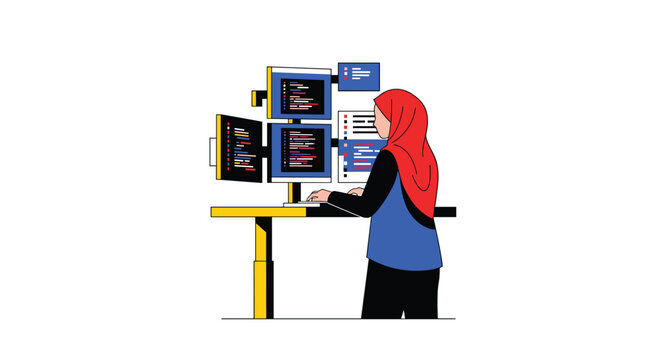 A woman wearing a red hijab stands at a yellow standing desk, intently coding on a computer setup with three stacked monitors displaying lines of code.