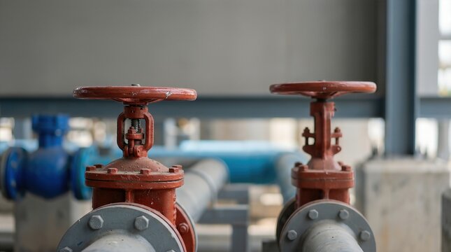 Two red gate valves are positioned on gray pipes inside an industrial facility, showcasing a clean and organized environment with visible machinery in the background