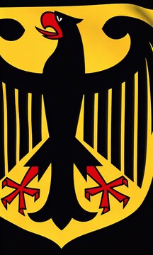 The German coat of arms features a black eagle with red beak and claws on a yellow shield.