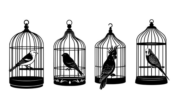 Decorative Bird Cage Silhouettes with Domestic Birds Vector Collection