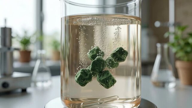 Green porous catalyst cube particles laboratory reactor. green chemistry study of biodegradable pellets bubbling and fizzing sustainable lab