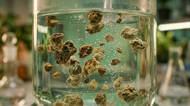 Green catalysts porous rock fragments bubble suspension beaker chemistry laboratory showing floating stones clear solution with bubbling oxygen