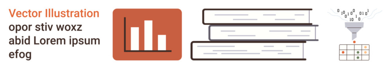 Education, data analysis, knowledge management, information processing, research tools, academic study. A bar graph, stacked books and data funnel. Education and data analysis concept © robu_s