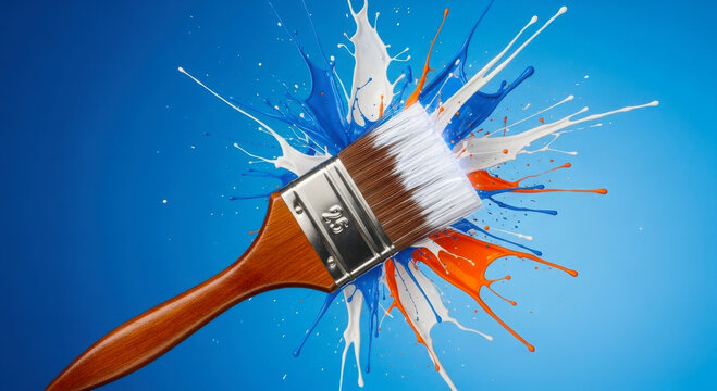 A wooden paintbrush is captured in a dynamic burst of vibrant white orange and blue paint splashes against a clean gradient background