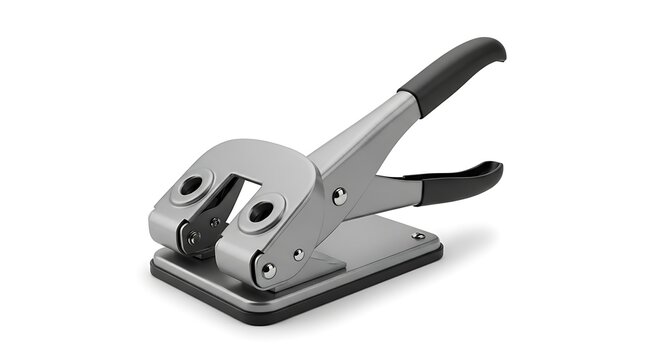 A heavy-duty silver metal staple gun and steel construction tool isolated on a white background for industrial work or office paper supply