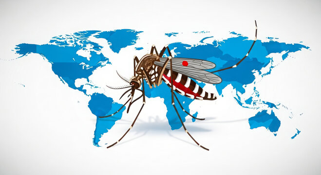 A detailed illustration featuring a large stylized mosquito hovering over a flat blue map of the world against a gradient white background