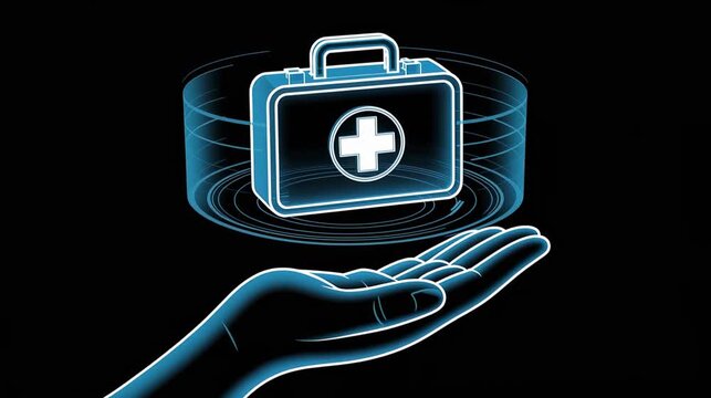 Palm controlling floating holographic first aid kit hologram icon 