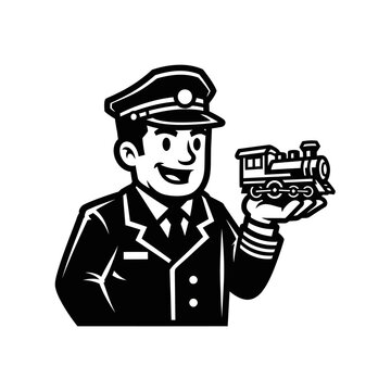 Black and white mascot illustration of a smiling train conductor holding a steam locomotive