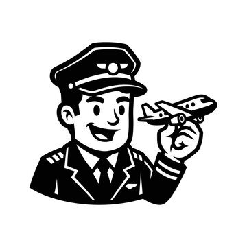Male airline pilot in uniform holding a toy airplane black and white flat illustration