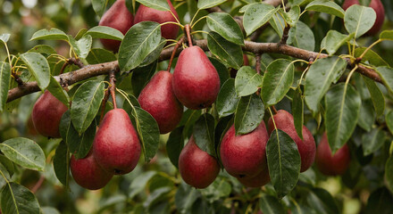 Obraz premium Ripe red pears hanging from a tree branch