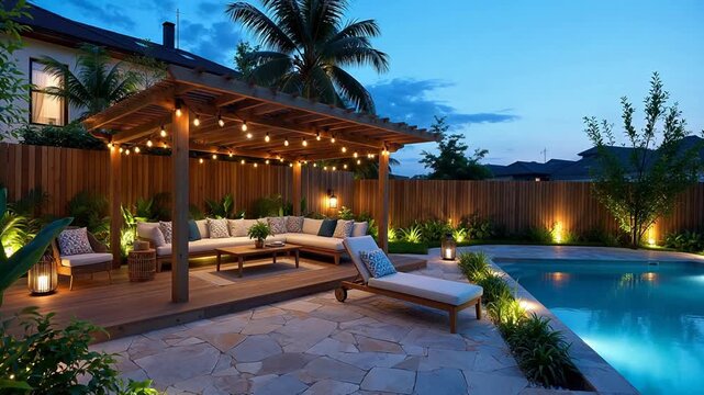 Evening poolside patio with seating
