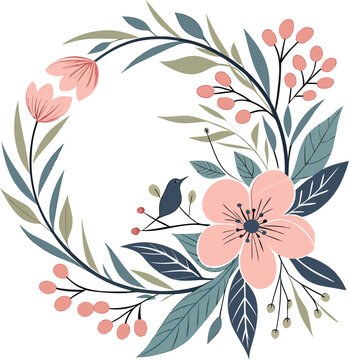 Floral Wreath, Pink Flowers, Leafy Greenery, Vector Illustration, 40 Elements