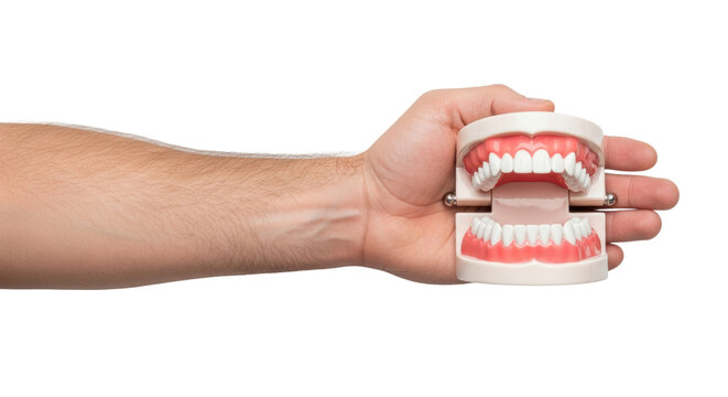 A male arm holds an open dental jaw model with white teeth and pink gums over a transparent background from a top-down view. Medical education concept