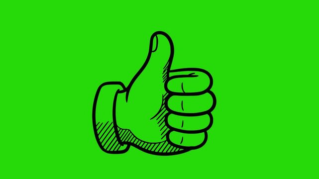 hand drawn animation of a thumbs up like icon with black fill and sketch details over a green screen chroma key background for video editing and social media overlays