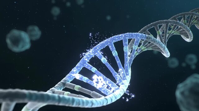 A glowing blue DNA double helix structure with particles flying off, representing genetic innovation and discovery in a dark background.
