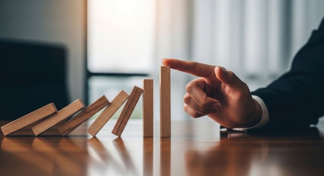 A hand prevents dominoes from falling, concept of control & impact