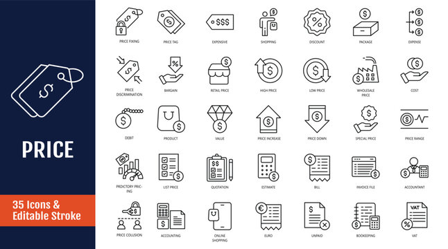Price icon set. Icons related to price, cost, quotation, price tag, invoice, estimate, product, discount and more. Outline icon with Editable stroke. Vector illustration