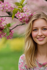 Naklejka premium A woman stands in front of a tree with blooming pink flowers