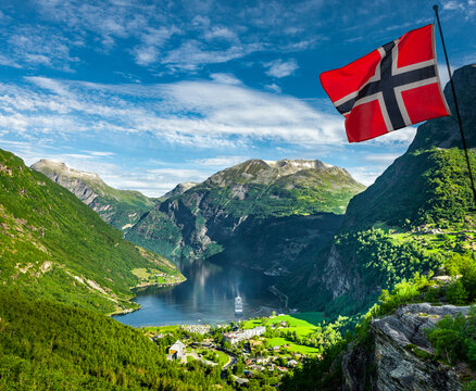 View to Fl&aring;m at Geiranger Fjord in Norwegen