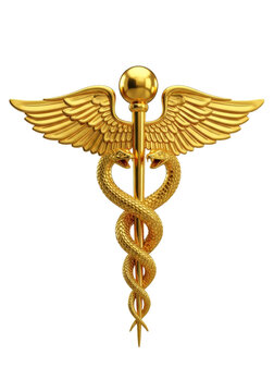 A polished golden caduceus with detailed snakes and feathered wings centered against a transparent background with dramatic lighting. Concept of medical excellence