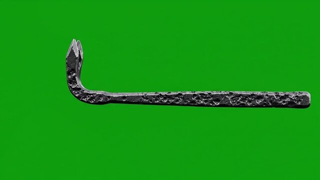 Close up of a metal crowbar on a green screen background.