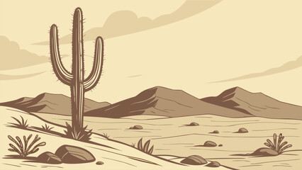 Minimal desert scene with cactus and rolling sand dunes, warm earthy tones, arid environment concept, clean vector illustration for travel and nature themes. © Tamar
